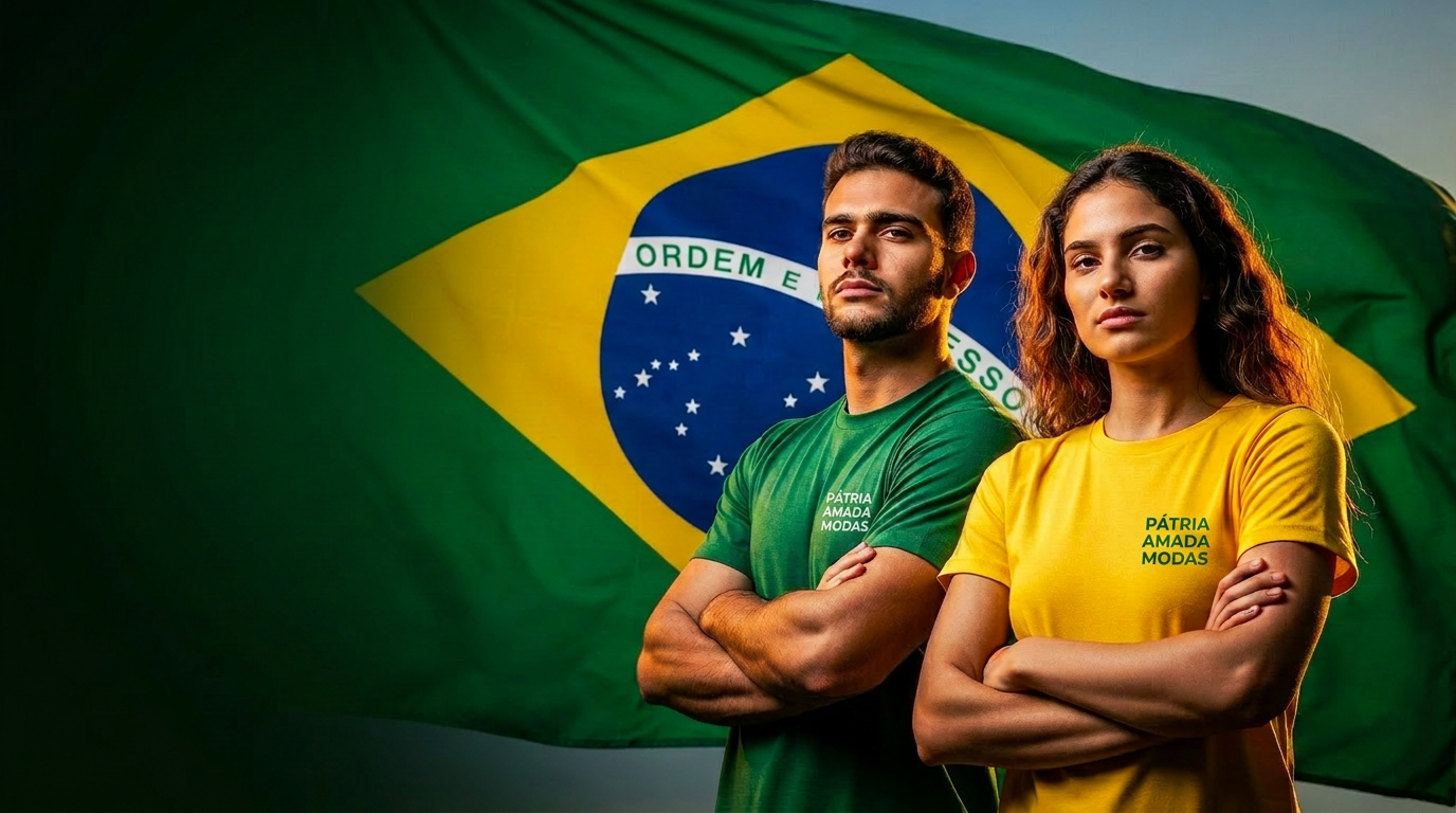 Modelo vestindo camiseta Pátria Amada preta